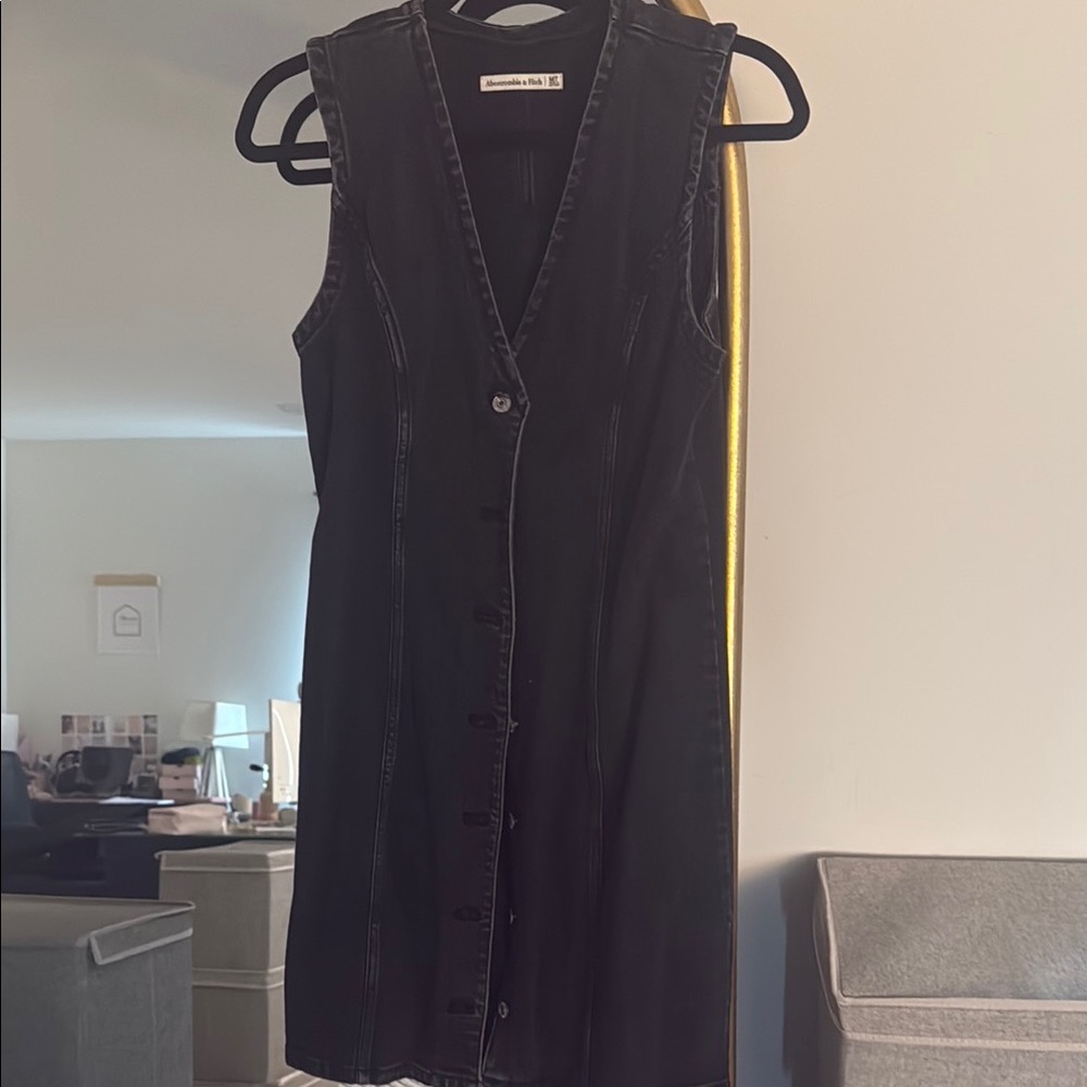 Abercrombie & Fitch Black Denim Sleeveless Button-Front Mini Dress